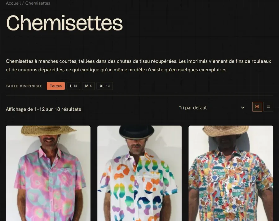 La page « Chemisettes » de la boutique Fasboa : trois chemisettes imprimées, le filtre par taille disponible.