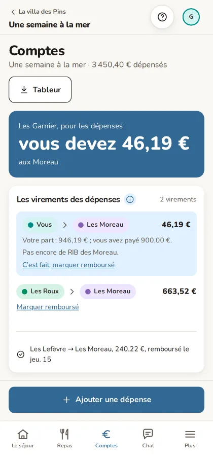 Les comptes d'un séjour dans l'application On est combien ? : ce que chaque foyer doit, et les virements à faire.